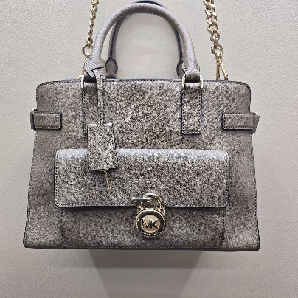 Michael Kors Emma Medium East West Saffiano Leather Crossbody Satchel Bag Gray
